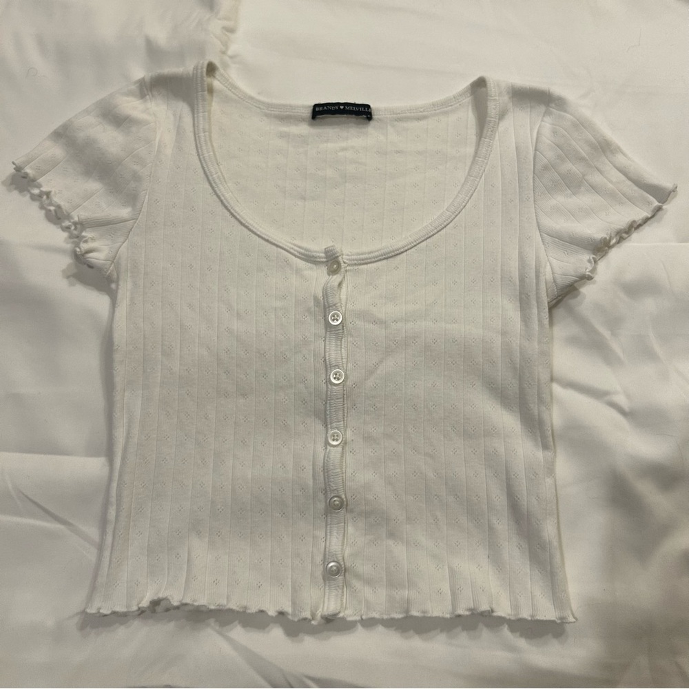 Brandy Melville White Eyelet Cropped Button Down Tee